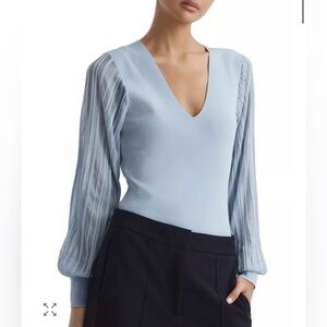 REISS Brooklyn Sheer Sleeve Knit Top Baby Blue Womens Size Small